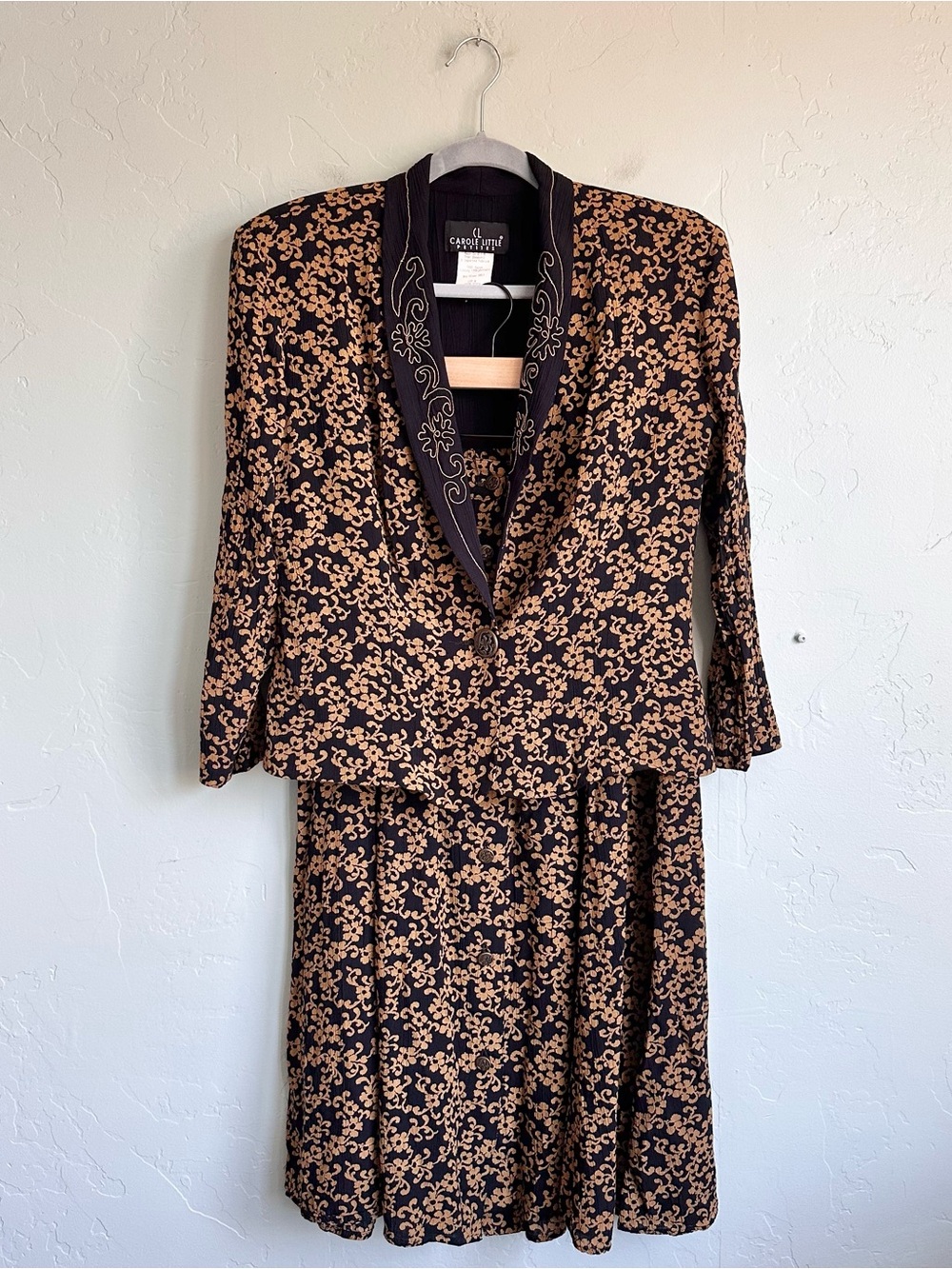 Vintage 80's 90's Carole Little Black Tan Floral Skirt Suit Set Petites 10/14